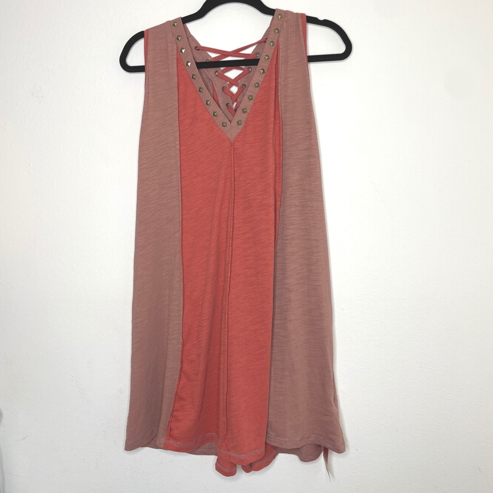 Boho Feels Lace Up Studded‎ Slub Knit Cotton Tunic Tank Top Coral NWT Large